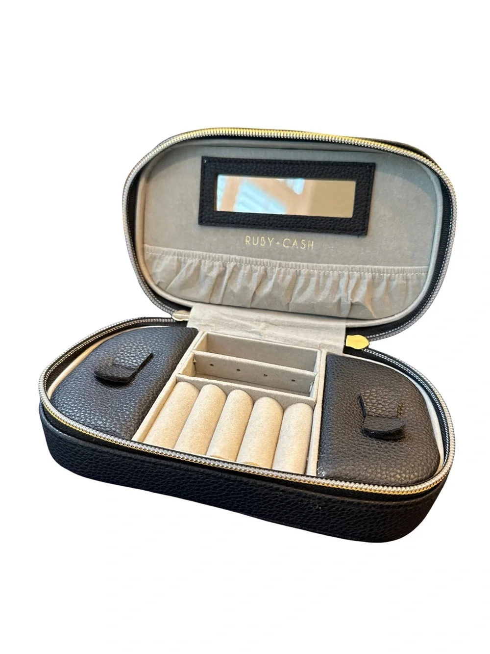 Ruby + Cash Black Pebbled Jewelry Travel Case with Gold Tassel Zippers